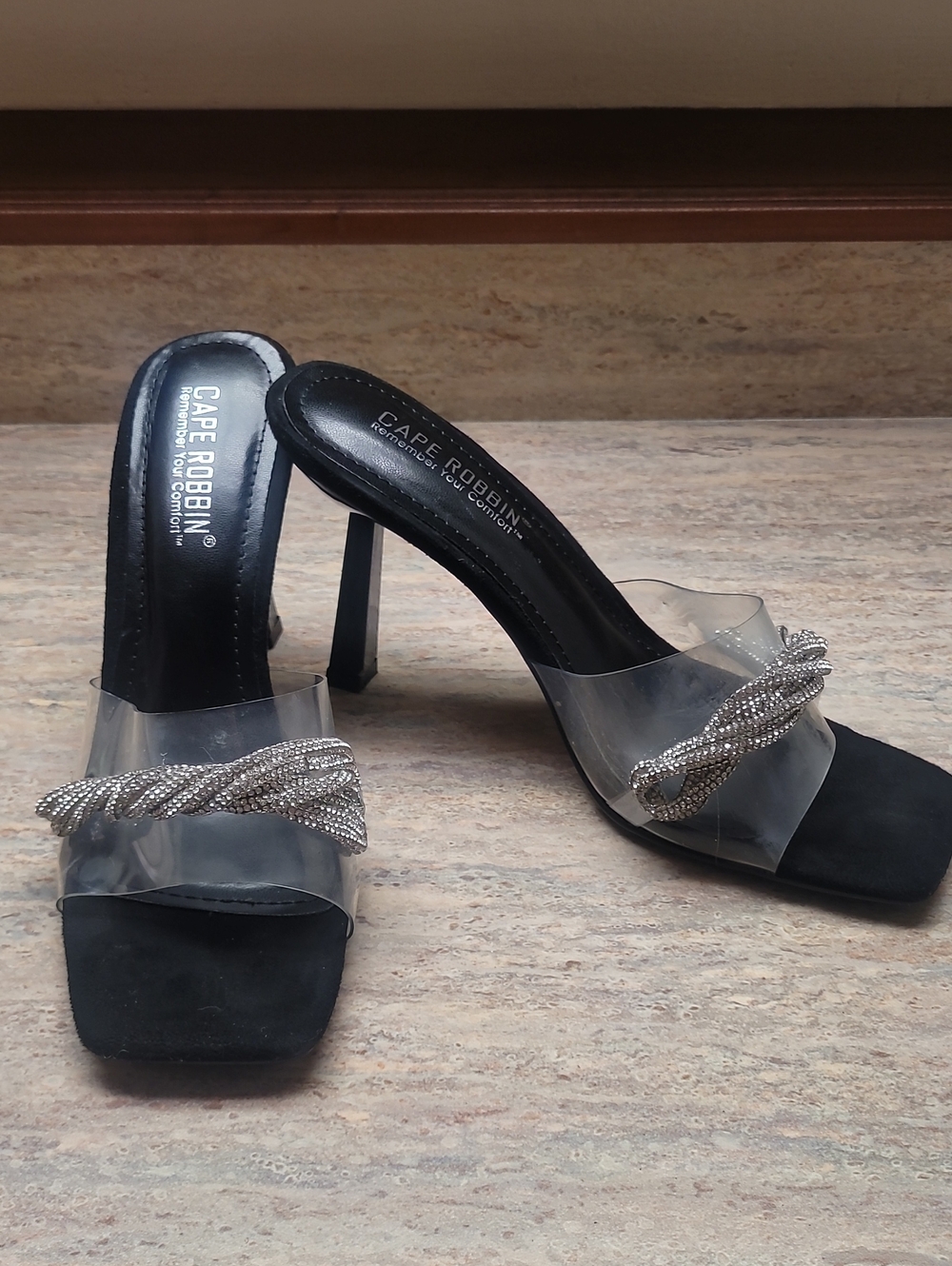 Sparkly Silver & Black Heels With transparent Band.